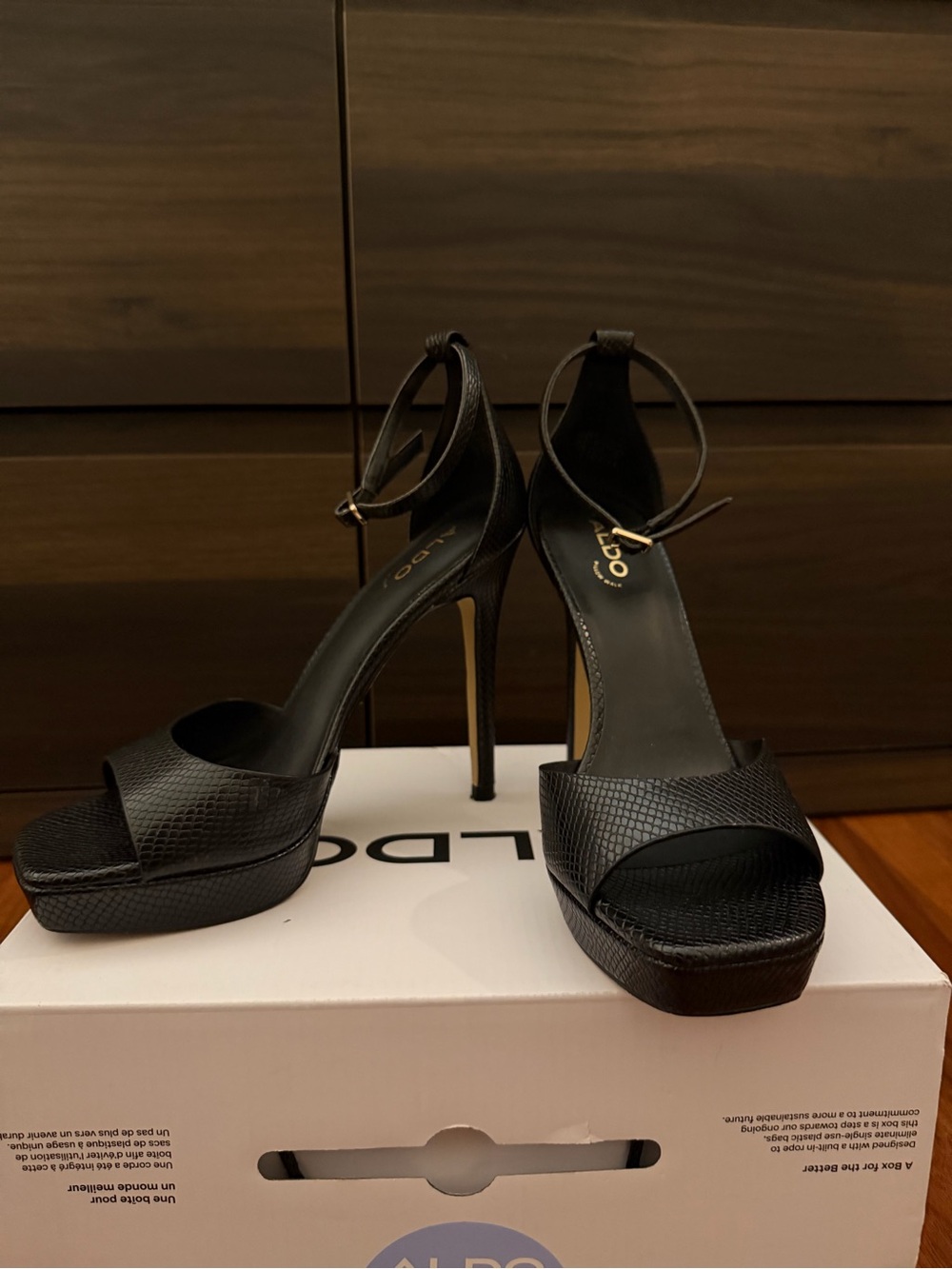 ALDO Black Textured Platform Ankle-Strap Heels